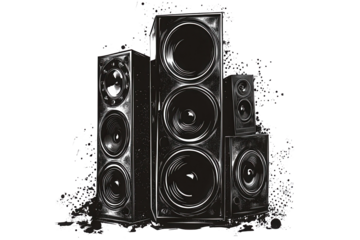 Stack of speakers in halftone grunge style showcasing a low resolution digital art piece inspired by music culture and sound systems