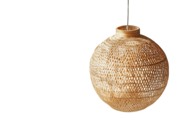 Unique woven rattan lamp hanging against a white background in a minimalistic setting