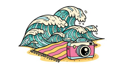 Beachside vibes with camera and ocean waves, a coastal photography theme