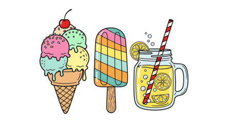 Illustrative summertime treats ice cream popsicle and lemonade isolated on