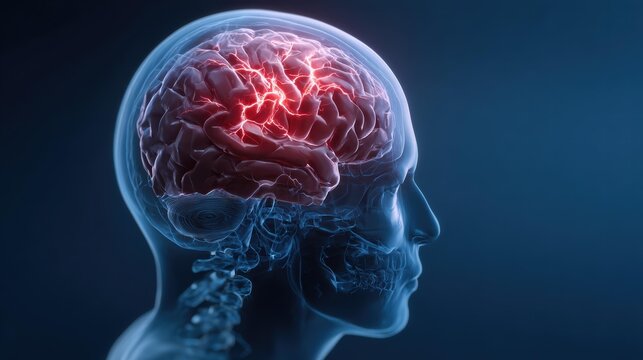 Human Brain Red Activity Highlights Blue Background Neural Cognition Visualization