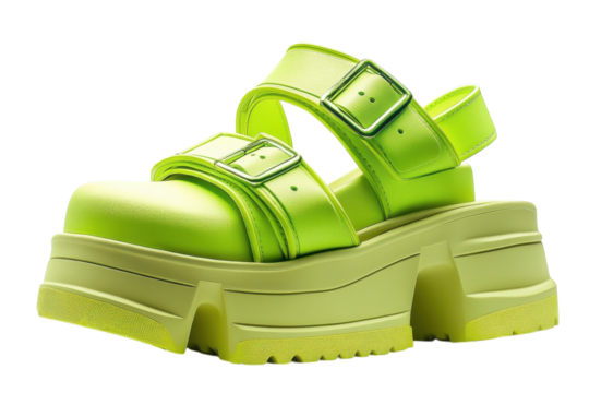 Bright green chunky sandals with platform soles for summer fashion events and casual outings