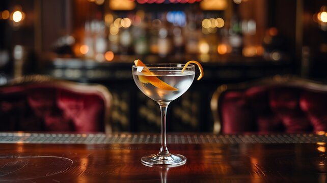Atmospheric bar scene with a classic cocktail in a coupe glass garnished with a twist of orange peel Soft background bokeh creates a luxurious mood