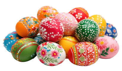 Colorful Hand-Painted Easter Eggs with Floral Designs on Transparent Background
