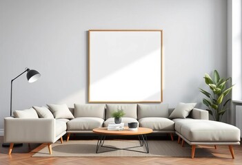 Empty frame mockup on gray wall, modern Scandinavian living room Minimalist interior design, home staging, minimal design, simple interior