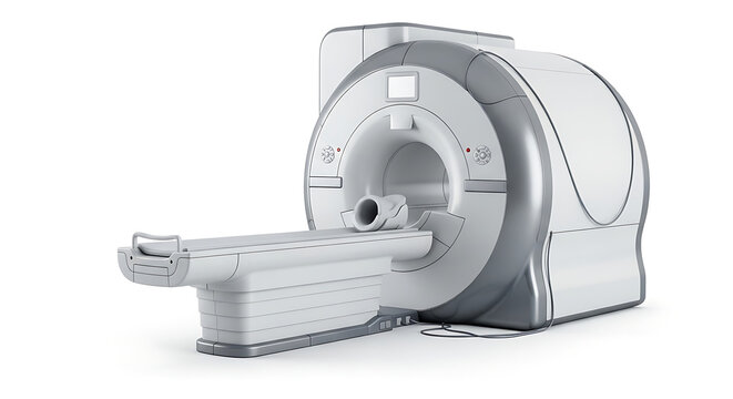 3D rendering of medical scanner machine with sliding bed and circular opening viewed from angled side in studio product photo