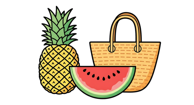 Stylized summer illustration showcasing fresh pineapple, watermelon, and beach