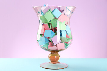 Bright paper pieces in glass jar on color background