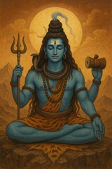 Meditating Shiva with trident and damaru in serene landscape