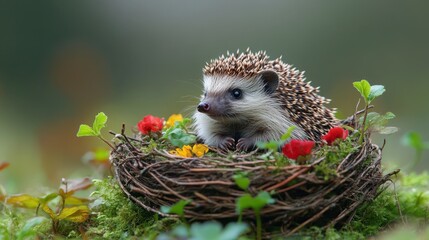 Adorable Hedgehog Sitting in a Nest Surrounded by Flowers and Greens