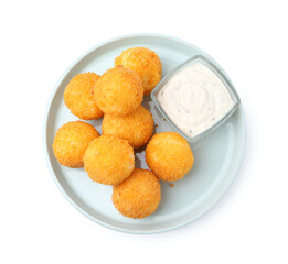 Delicious fried croquette balls and sauce isolated on white, top view