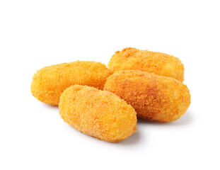 Many delicious fried croquettes isolated on white