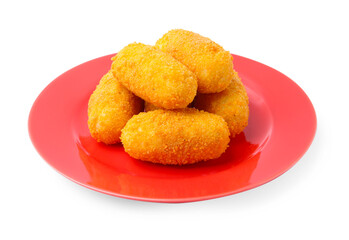 Many delicious fried croquettes isolated on white
