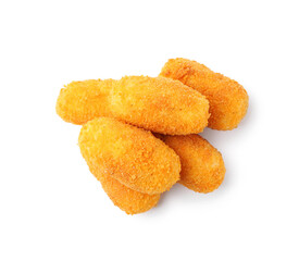 Delicious fried croquettes isolated on white, top view