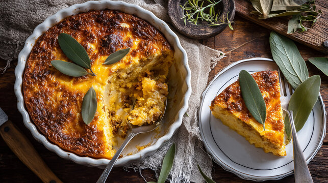 Savory bobotie dish served in a casserole with fresh herbs