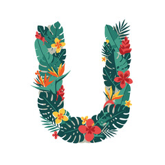 Stylized letter U formed by lush green tropical foliage and vibrant exotic blossoms, including hibiscus and bird of paradise flowers.
