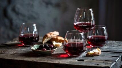 Moody tabletop scene of a wine tasting with three glasses of red wine a small dish of olives and rustic bread slices A dark wooden table and soft spotlighting add drama