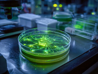 Biochemical research with glowing green circuits in petri dish
