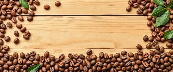 Roasted coffee beans frame on wooden board, vertical, flat lay, copy space,  product,  frame