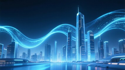 Futuristic city with digital wave
