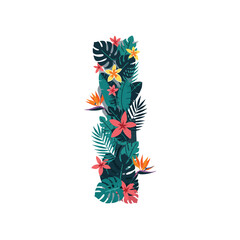 Obraz premium Letter I font made of tropical monstera leaves, palm fronds, and exotic flowers.