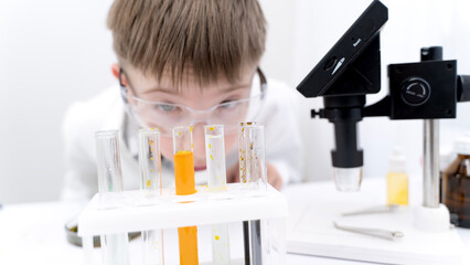 The boy conducts chemical experiments in the laboratory