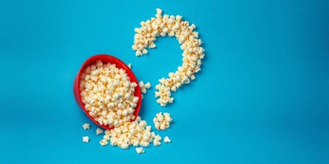 Spilled popcorn forming a question mark in a red bucket on blue background Plenty of copy space, yellow, cinema snacks