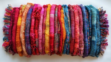 Colorful Handwoven Textiles Displayed in Neat Row on White Background