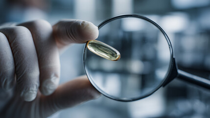 close-up of medicine capsule inspected under sterile environment