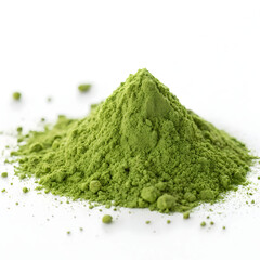 A vibrant green heap of barley grass powder sits on a white background, showcasing its fine texture