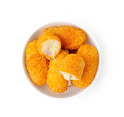 Delicious fried croquettes in bowl isolated on white, top view