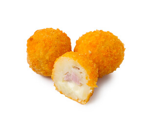 Delicious fried croquettes with cheese and ham isolated on white