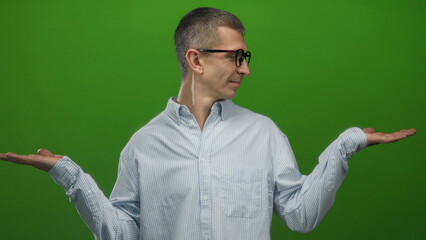 Man wearing glasses standing against a green background wall, looking sideways with hands open in a...