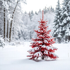 Red fir tree winter forest scene