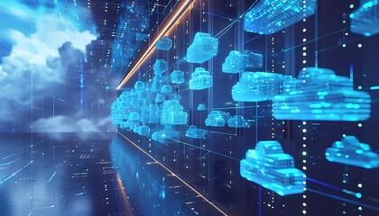 Digital landscape of translucent blue vehicles suspended in a futuristic data center.