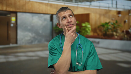 Caucasian male doctor in green uniform with stethoscope in an outdoor street setting, appearing deep in thought with a contemplative expression.