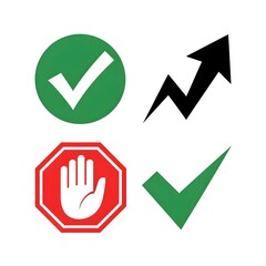 Top left: Green circle with a white check mark.

Bottom left: Light teal circle with a green check mark.

Top right: Orange circle with a black upward arrow.

Bottom right: Red circle with a white han