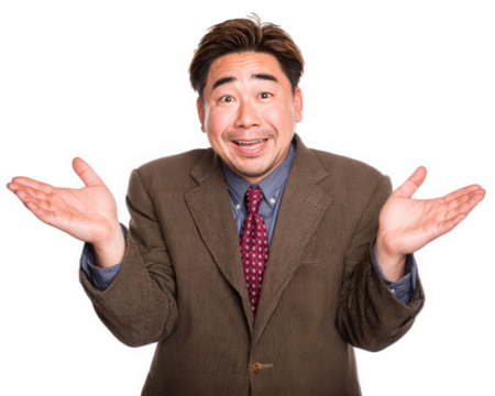 Confused Asian businessman shrugging in brown suit, red tie, and blue shirt, isolated on transparency background, expressing uncertainty or doubt with open hands and raised eyebrows