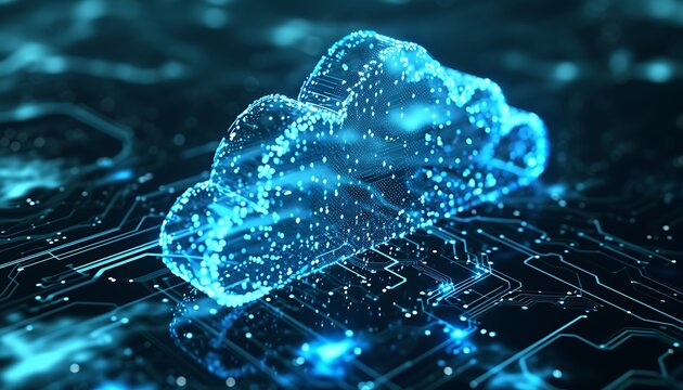 Abstract digital cloud image overlaid on a circuit board, showcasing technology and data storage.