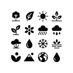 Fototapeta premium Collection of nature and weather icons representing trees plants sun rain snow and earth elements