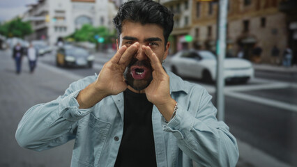 Young hispanic man cups hands around mouth shouting to passersby on busy city street; public...