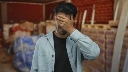 Obraz premium Young hispanic man in blue shirt holds palm to camera inside building lined with bricks and scaffolding; frustration tension stress exasperation.