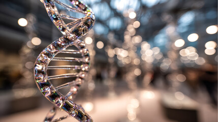 A detailed close-up of a glass dna double helix sculpture with a blurred background of bokeh lights.