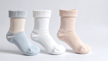 A neatly arranged collection of three pairs of soft cotton socks in delicate pastel blue, white, and beige shades