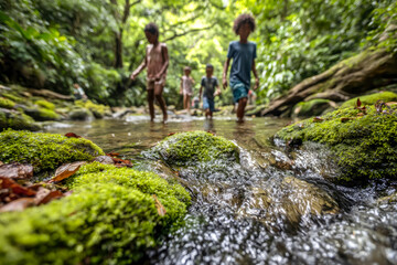 Children exploring a mossy creek in a lush forest