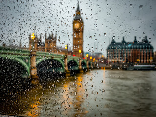 Rainy view of Big Ben and the Houses of Parliament through a rain-spattered window in London