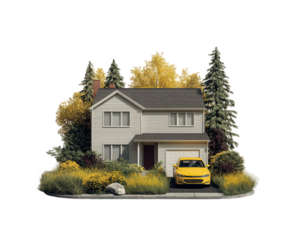 Two story house yellow car driveway lush landscaping green trees autumn foliage suburban home residential architecture front yard peaceful atmosphere