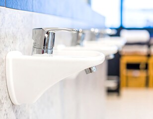 Row of modern white ceramic sinks with chrome faucets in a clean public restroom.
