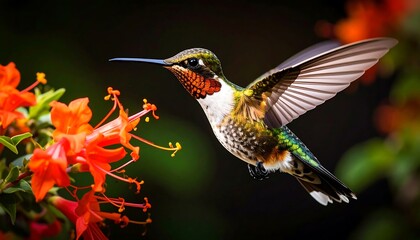 Fototapeta premium Hummingbird in flight near vibrant flowers