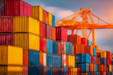 Colorful shipping containers stacked in a busy port beneath a towering orange crane, showcasing global trade and logistics operations with vibrant industrial scenery